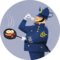 An illustration of a British police officer in uniform eating fried eggs from a steaming frying pan, set against a grey-blue background. | © SONNENTOR