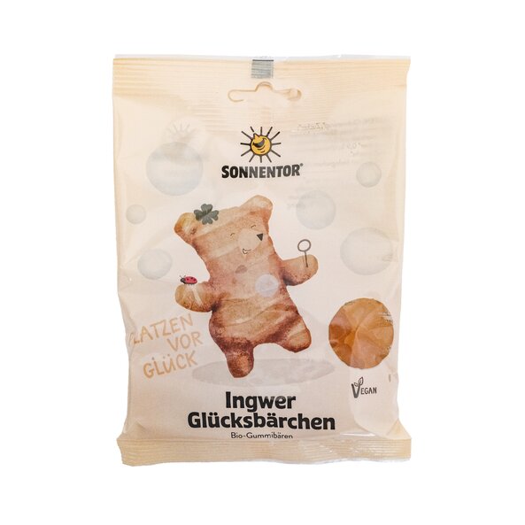 Photo of a bag ginger gummi bears. On the package is a ginger tuber in form of a bear depicted.