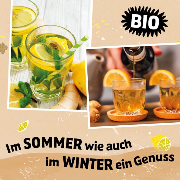 Glasses with lemon mint drink and hot ginger drink, text “ORGANIC” and “A pleasure in summer and winter”