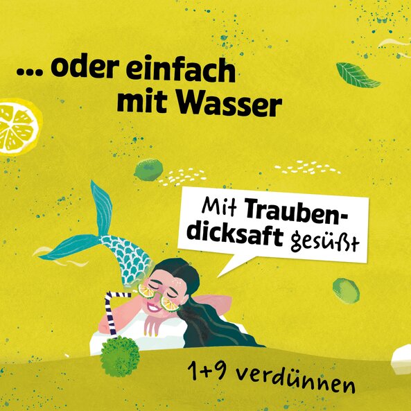 An illustration of a mermaid on a yellow-green background, with the text stating that it is sweetened with grape syrup and diluted with water in a ratio of 1:9.