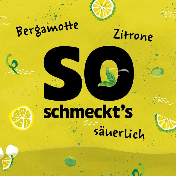 Illustration with text: ‘Tastes of bergamot, lemon, tangy’ on a yellow-green background.