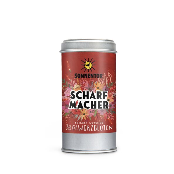 Photo of a Spice Tin Hot Stuff Spice Blossom. On the spice tin is a Illustration with colourful floral background in red with the inscription Hot Stuff