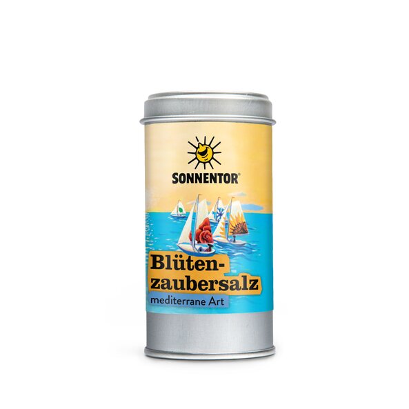 Photo of a Spice Tin Mediterranean Blossom Magic Salt. On the spice tin is a picture of four sailboats on the open sea.