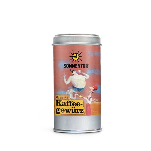 Foto einer Streudose Aladins Kaffeegewürz. Auf der Dose ist der Flaschengeist abgebildet wie er gerade Tee trinkt.