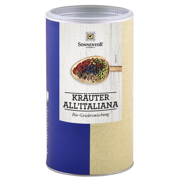 A photo of a big jumbo spice tin Herbs all'Italiana cut. On it is a wooden spoon with colorful spices depicted.